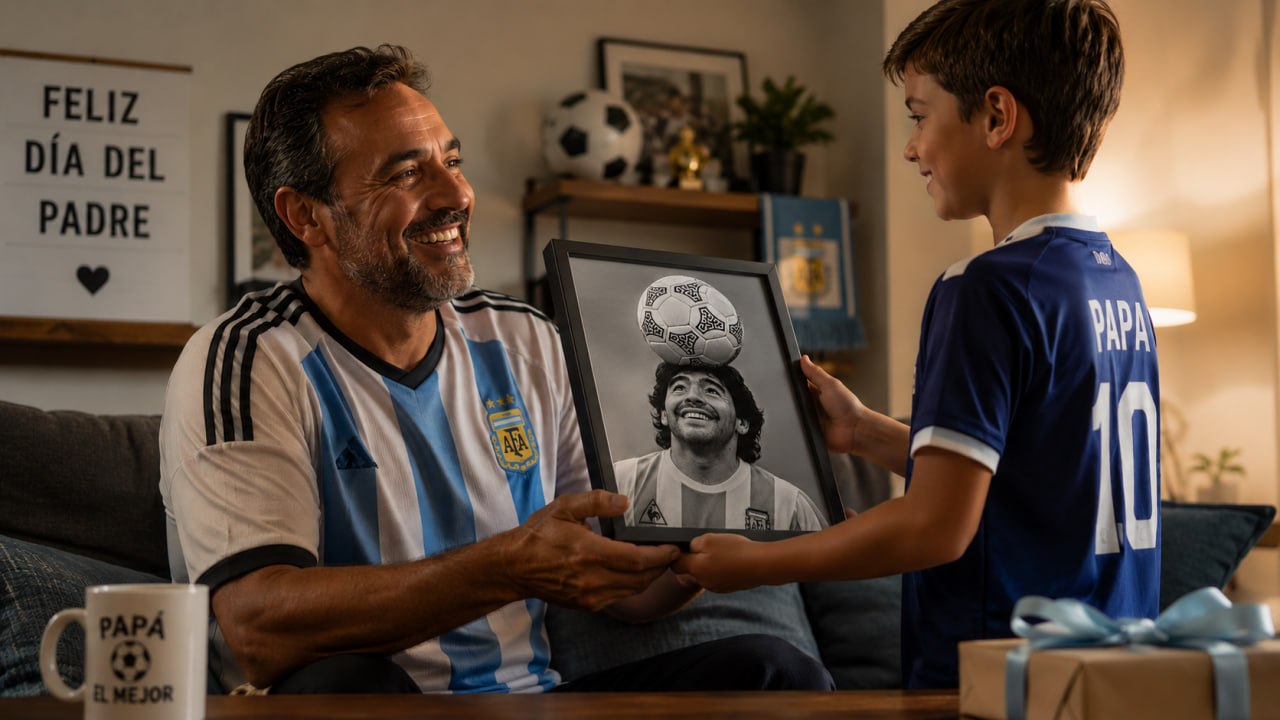Padre recibiendo cuadro de Maradona - Día del Padre
